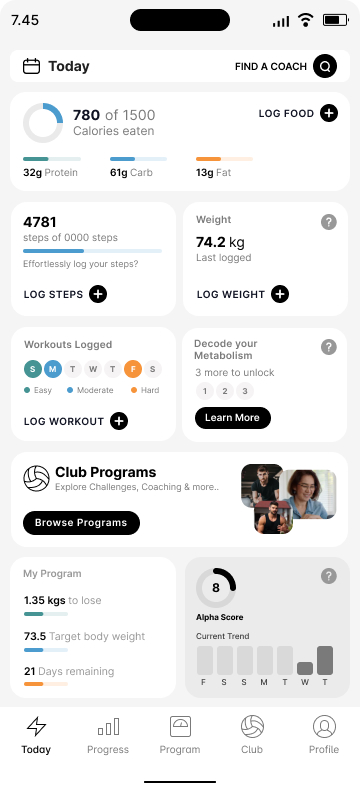 Alpha Coach home screen